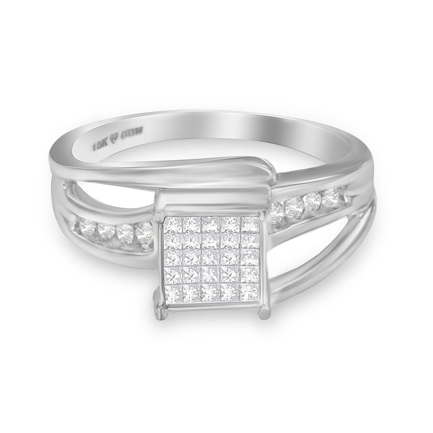 10K White Gold 1/3 Cttw Invisible Set Princess-cut Diamond Cluster