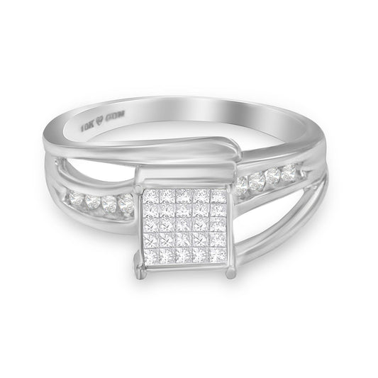 10K White Gold 1/3 Cttw Invisible Set Princess-cut Diamond Cluster