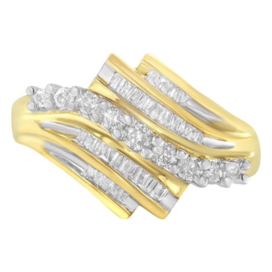 10K Yellow Gold Round and Baguette Diamond-Cut Ring (1/2 Cttw, I-J