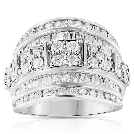 .925 Sterling Silver 2.0 Cttw Round & Baguette Cut Diamond Multi-Row