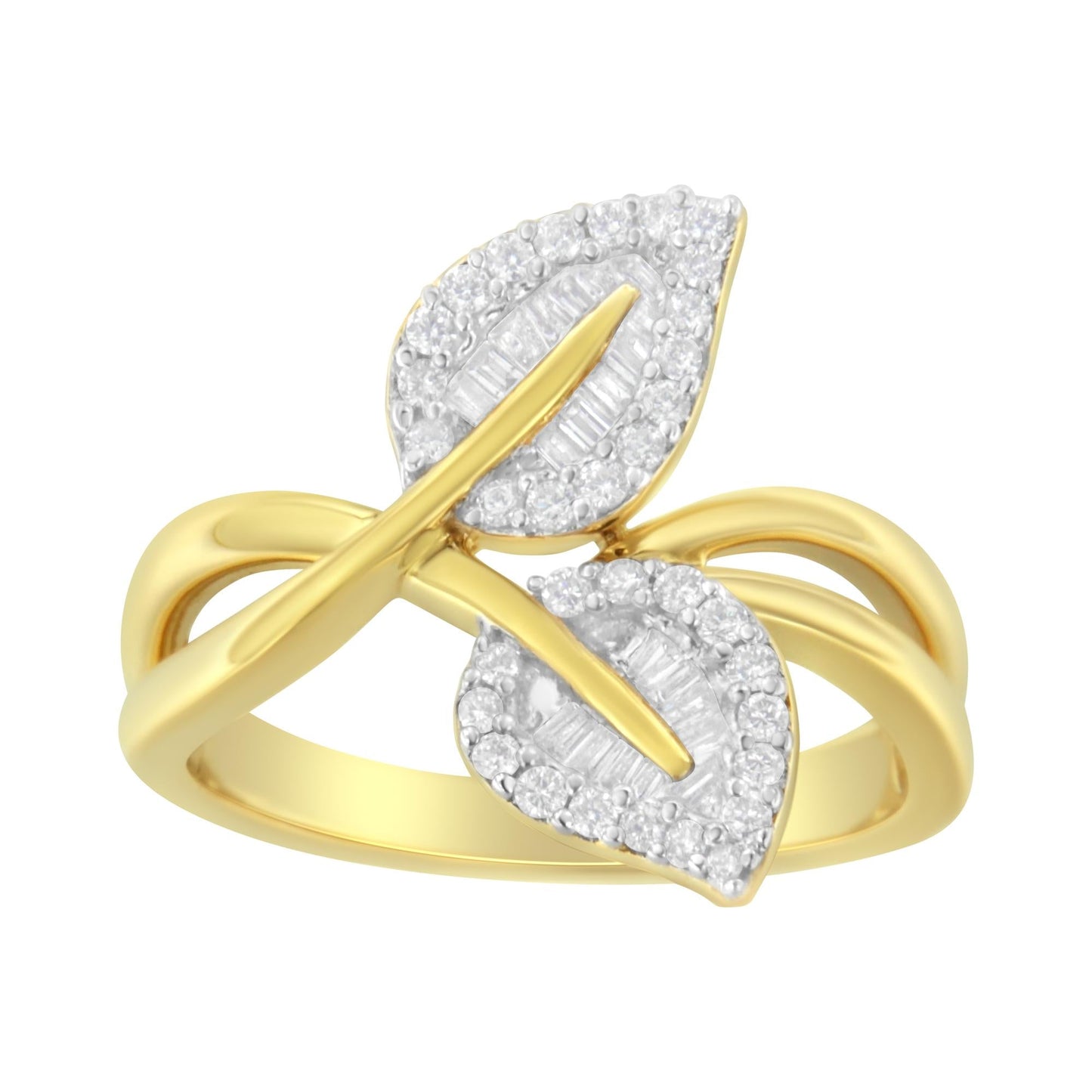 10K Yellow Gold 3/8 Cttw Round and Baguette-Cut Diamond Leaf Cocktail