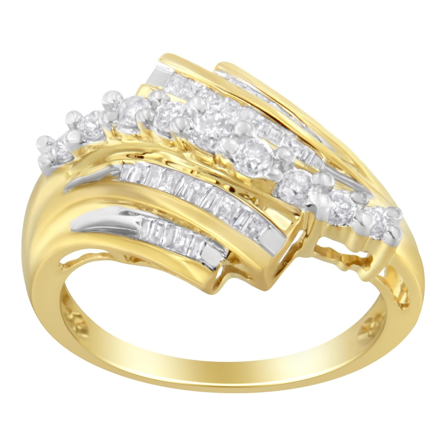10K Yellow Gold Round and Baguette Diamond-Cut Ring (1/2 Cttw, I-J