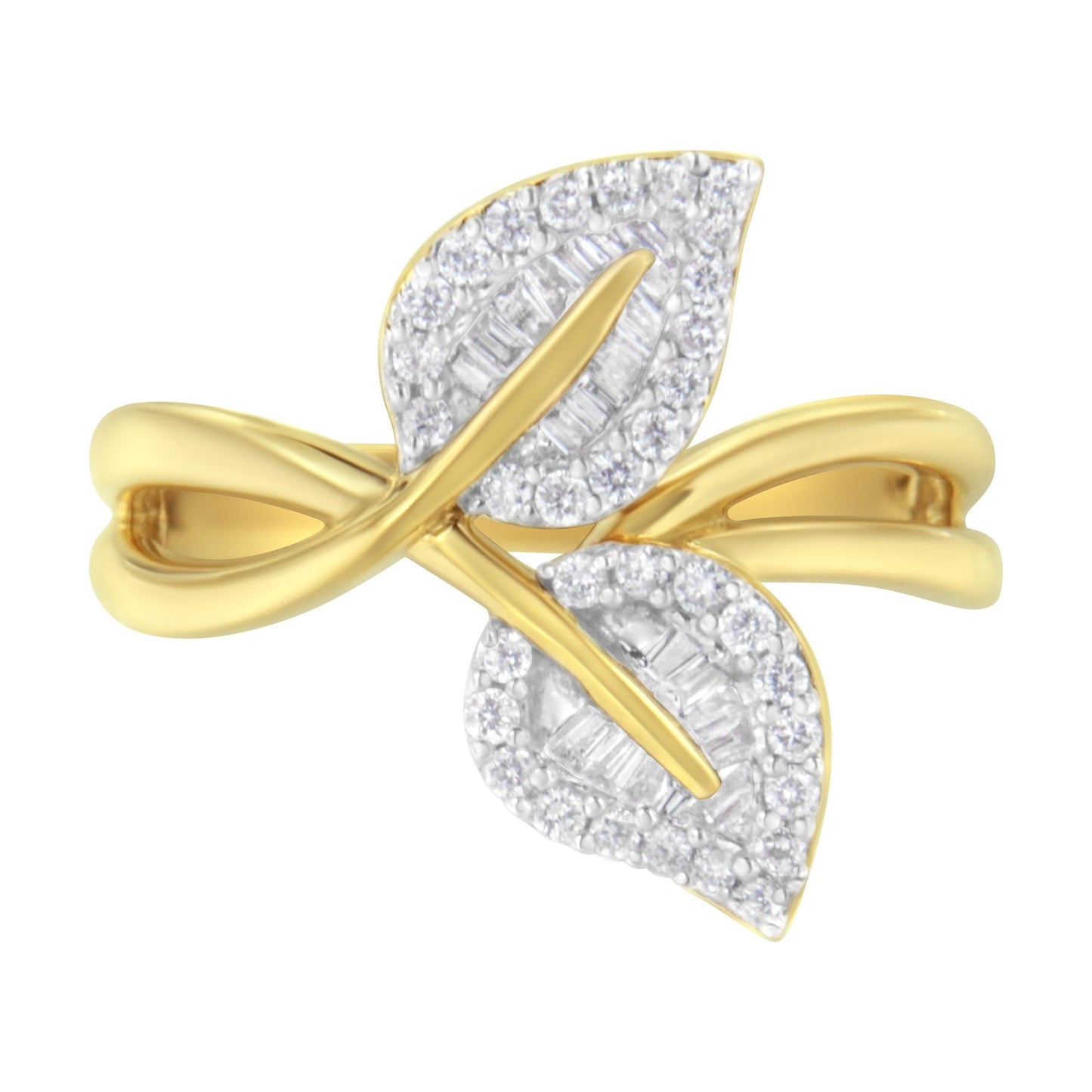 10K Yellow Gold 3/8 Cttw Round and Baguette-Cut Diamond Leaf Cocktail