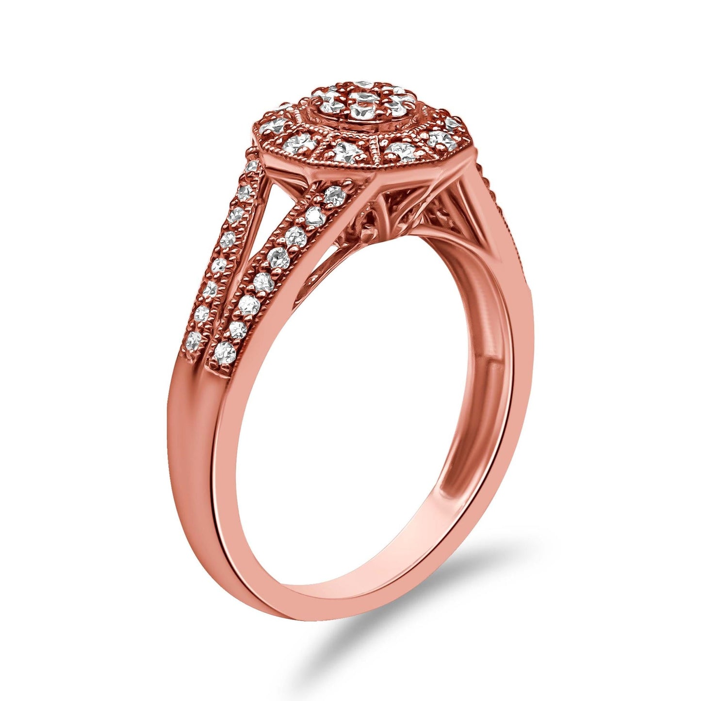 14K Rose Gold Plated .925 Sterling Silver 1/2 Cttw Pave Diamond Halo