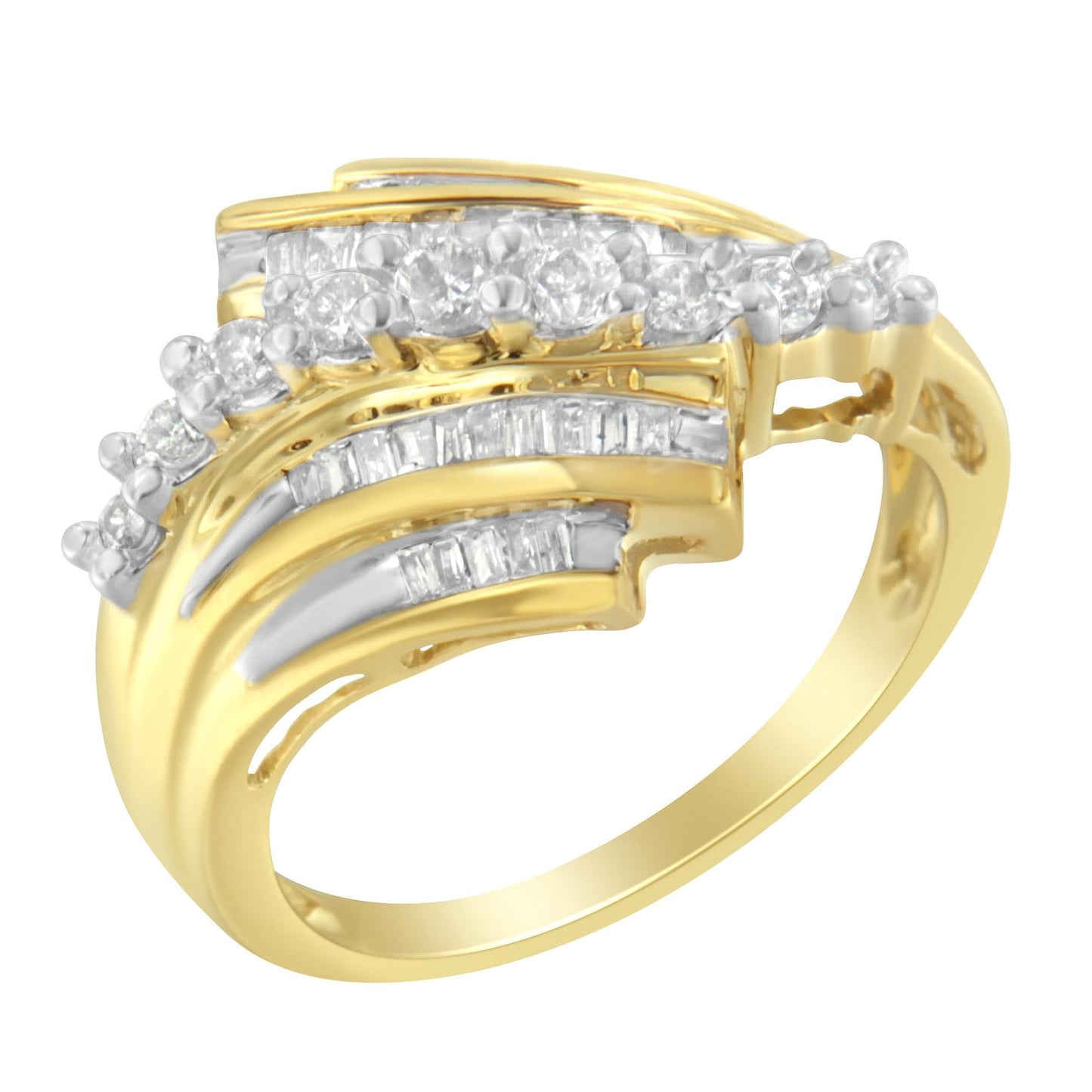 10K Yellow Gold Round and Baguette Diamond-Cut Ring (1/2 Cttw, I-J