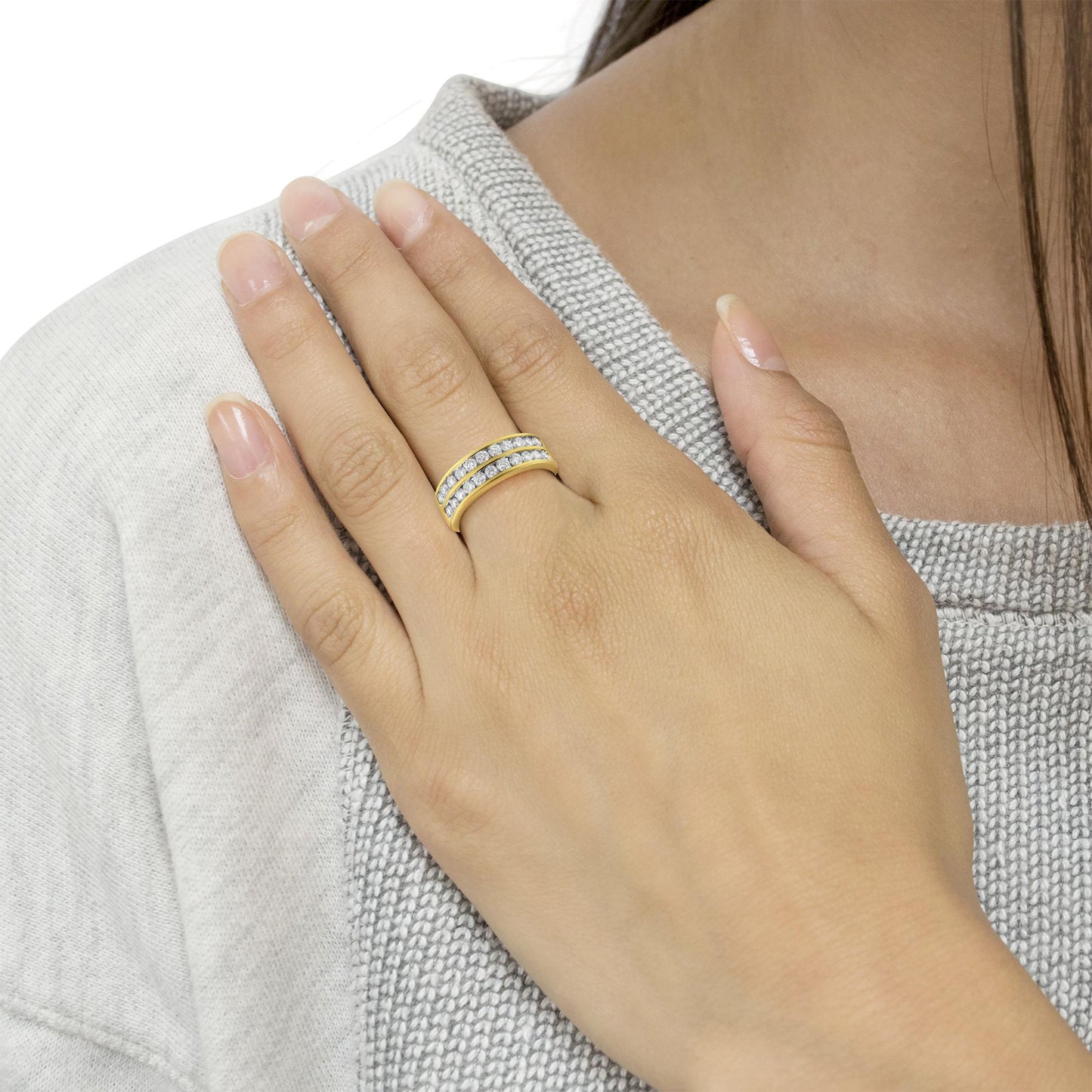 10K Yellow Gold Two-Row Diamond Band Ring (1 Cttw, J-K Color, I1-I2