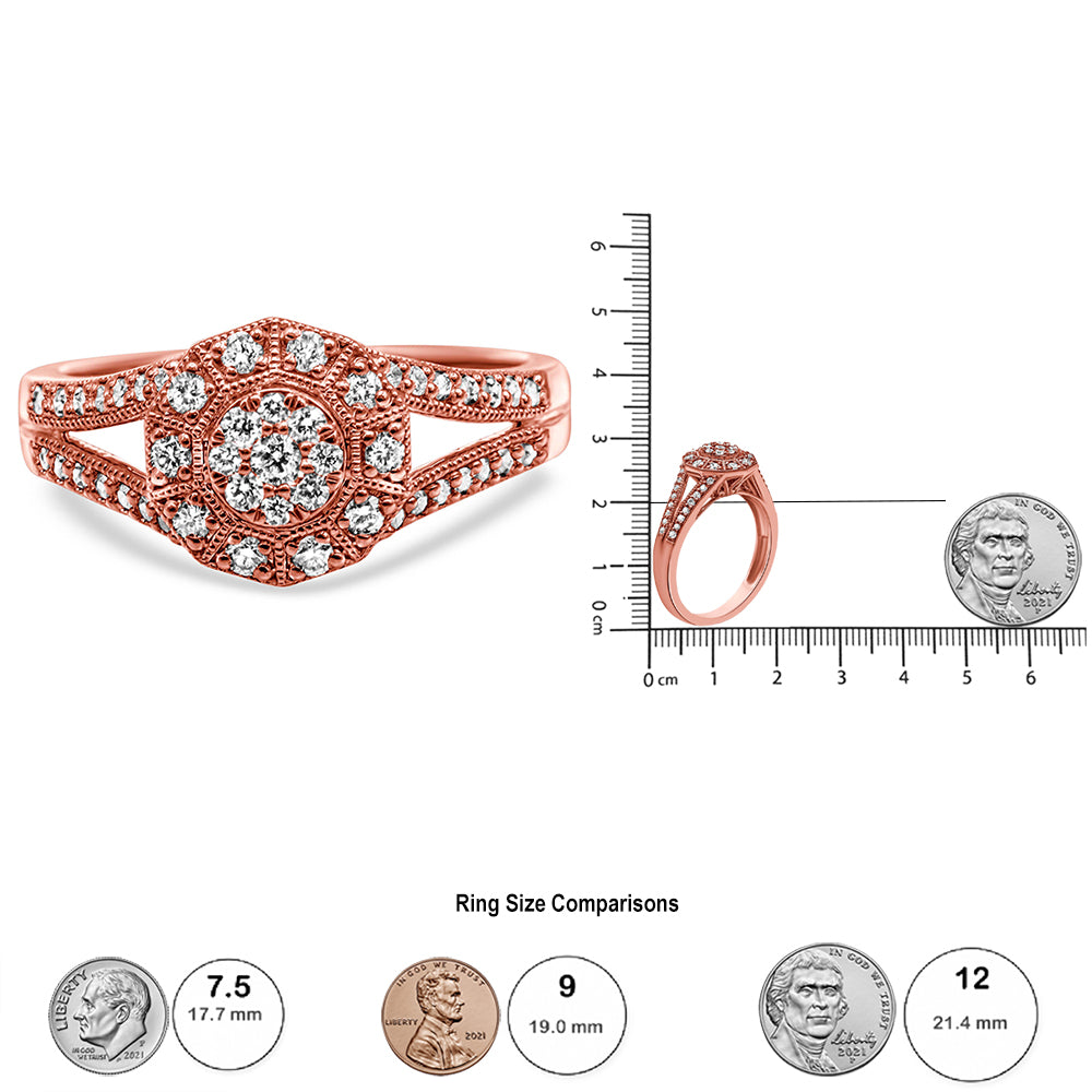 14K Rose Gold Plated .925 Sterling Silver 1/2 Cttw Pave Diamond Halo
